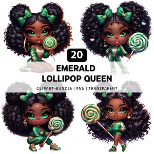 20 Emerald Lollipop Queen, Black Girl Clipart, Black Girl Art, Black Women PNG, Black Woman Art, Chibi Clipart, Digital Download, PNG Bundle