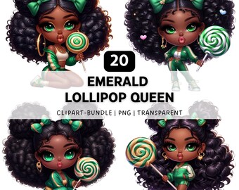 20 Emerald Lollipop Queen PNG, Quirky Black Girl Clipart Bundle for Sublimation
