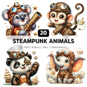 20 Steampunk Animals PNG, Animal PNG, Funny Animal Clipart, Animal Bundle, Quirky Animals, PNG Bundle, Sublimation Designs, Digital Download