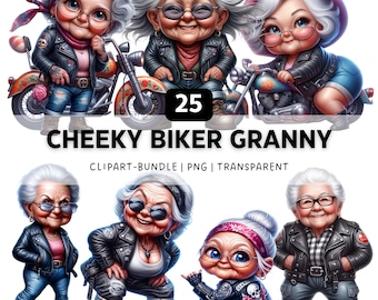 25 Biker Granny PNG, Funny Sassy Grandma Sublimation, Crazy Old Ladies Clipart Bundle