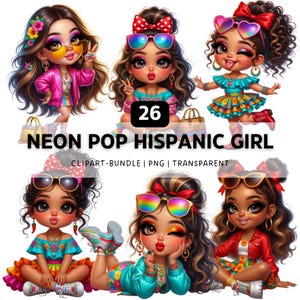 26 Neon Pop Hispanic Girl PNG, Chibi Latina Clipart Bundle, Quirky Woman Sublimation Designs