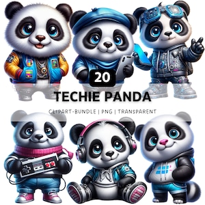 May include: A digital illustration featuring six cartoon pandas dressed in tech-themed outfits. The pandas are wearing jackets, hats, and headphones, and holding tech gadgets. The text "TECHIE PANDA" and "CLIPART-BUNDLE | PNG | TRANSPARENT" are also visible.