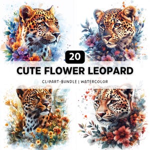 20 Cute Flower Leopard PNG, Leopard Clipart, Animal Clipart, Watercolor Clipart, Animal PNG Bundle, Sublimation Designs, Digital Download