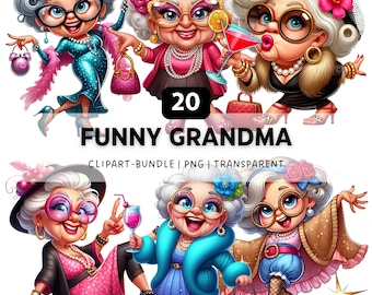 20 Funny Grandma PNG, Quirky Old Ladies Clipart Bundle, Crazy Humorous Elderly Sublimation