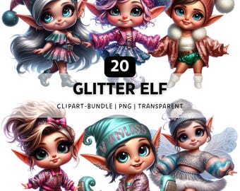 20 Glitter Elf PNG, Cute Fantasy Clipart Bundle for Sublimation & Crafts
