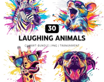 30 lachende Tiere (PNG), lustiges und skurriles Tier-Clipart-Bundle für Sublimation und Bastelarbeiten