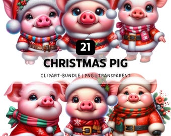 21 Christmas Pig Illustration, Festive Printable Animals Clipart Bundle, Whimsical Holiday Sublimation Designs