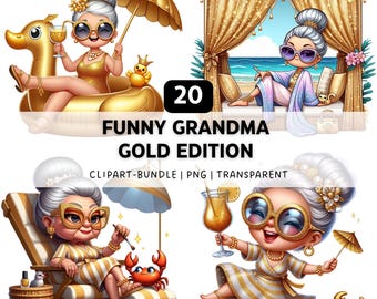 20 Beach Grandma PNG, Retro Funny Old Lady Clipart Bundle, Quirky Vacation Granny Sublimation