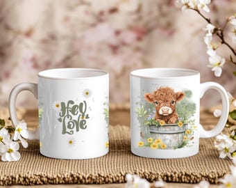 Plantilla para envolver tazas de vaca de las Tierras Altas, diseño de sublimación de 11 y 15 oz, taza de café estilo granja PNG
