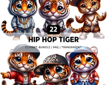 22 Hip Hop Tiger PNG, Funny Animal Clipart Bundle, Kawaii Sublimation Designs, Digital Download