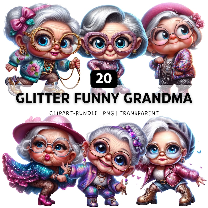 20 Glitter Funny Grandma PNG, Quirky Old Lady Clipart Bundle for T ...