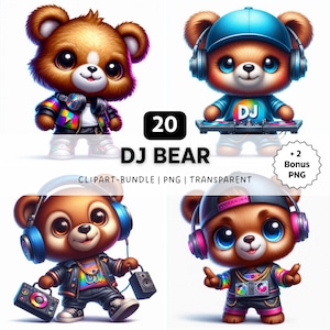 20 DJ Bear PNG, Bear Clipart, Animal png, Funny Animal Clipart, Quirky Animals, PNG Bundle, Sublimation Designs, Digital Download