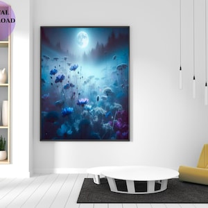 Mystische Wildblumen Kunst, verzauberte Blumenlandschaft, verträumte Nacht Garten Druck, sofortiger Download, schickes Poster