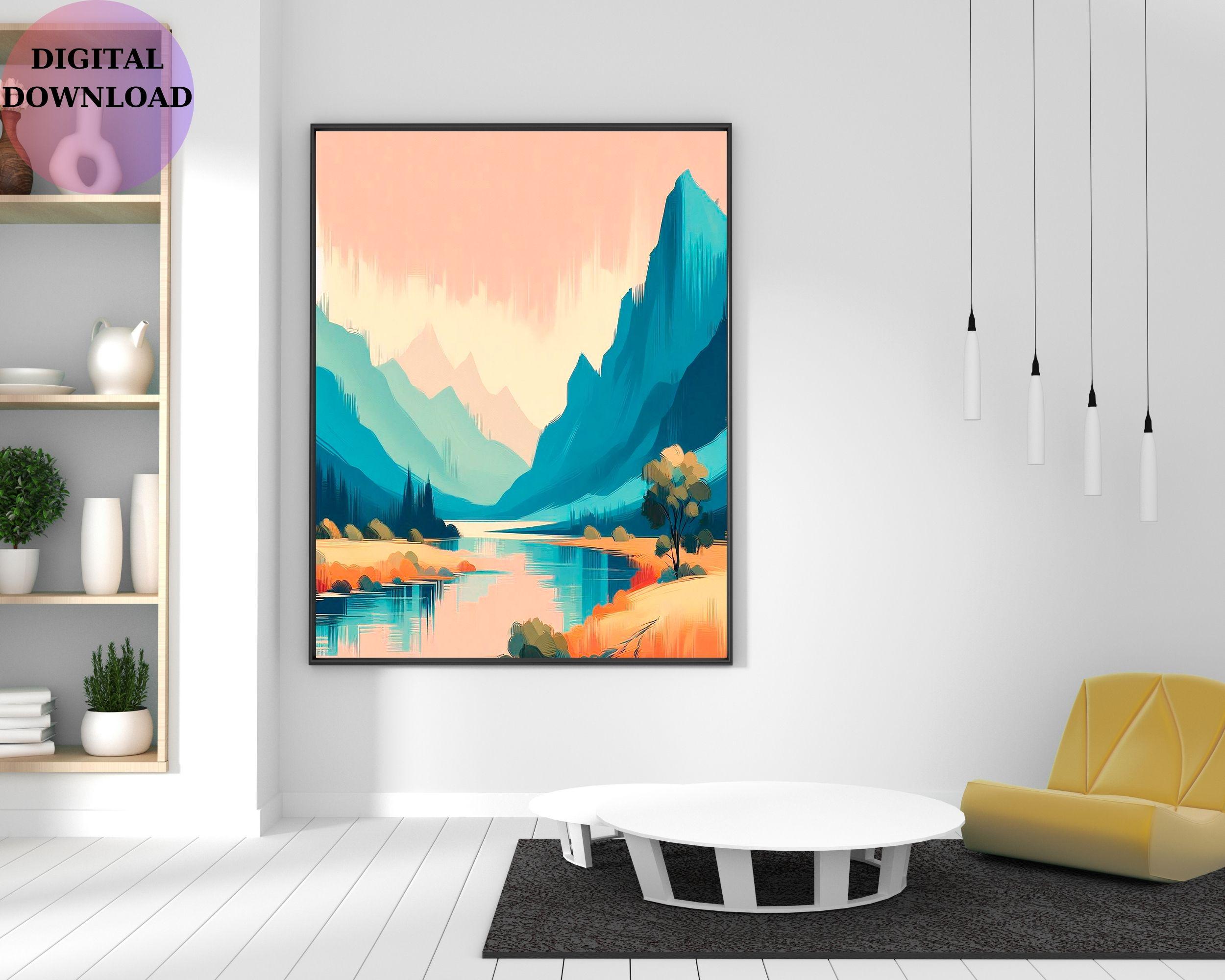 Minimalist Nature Art Print, Wallpaper, Abstract Landscape, Pastel Mountain Reflection, Modern Art, Minimalist Wall Decor, Chic Art Print