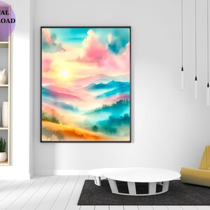 Aquarell Landschaft Wand Kunst, Natur Poster Druck, ruhige Sonnenuntergang Digital Download, moderne Wohnkultur, minimalistische Kunst, Instant Download