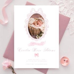 Elegante Baby Mädchen Geburtsankündigung Postkarten Individuell - Rosa Wappen Bögen Thema, klassische Anzeige - Bearbeitbare Vorlage