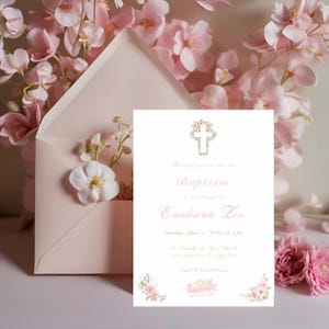 Schöne Mädchen Taufe Einladung | Soft Pink Florals & Gold Theme - Bearbeitbare Vorlage