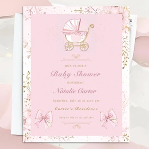 Faire-part de baby shower rose élégant - Rehausses de rose clair et d'or - Modèle personnalisé et modifiable