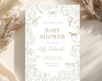 Invito per baby shower in stile safari, tema animali beige, modello Canva modificabile