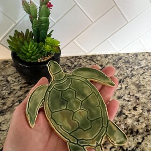 May include: A green ceramic turtle-shaped dish with a textured surface and dark green detailing. The dish is held in a hand, with a black pot of succulents and a white tile backsplash in the background.