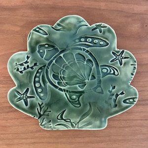 Handmade Turtle Pottery Spoon Rest, Sea Life Decor, Transparent Bottle Green Celadon Glaze