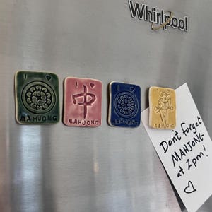 Handmade Ceramic "I LOVE Mahjong" Magnets, Set of 4, Celadon Glazed
