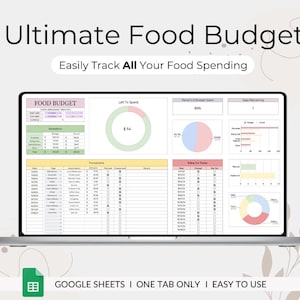 May include: A Google Sheets spreadsheet template for tracking food spending. The spreadsheet has a light green, pink, and blue colour scheme. The title of the spreadsheet is "Ultimate Food Budget" and the subtitle is "Easily Track All Your Food Spending".