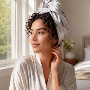 Turban en soie pour cheveux bouclés, écharpe de nuit en soie de mûrier, bonnet anti-frisottis, bonnet texturé, cadeau de soin pour cheveux ondulés