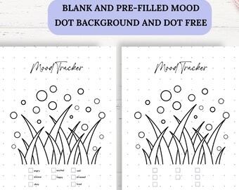 May include: Two black and white mood tracker pages with a dot background. Each page has a grass and bubble design. The text "Mood Tracker" is at the top. The text "BLANK AND PRE-FILLED MOOD DOT BACKGROUND AND DOT FREE" is at the top.
