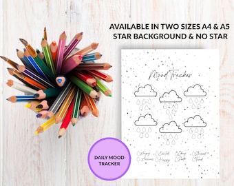 May include: A mood tracker with cloud illustrations and a star background, with the text "Mood Tracker". A purple circle with the text "DAILY MOOD TRACKER" is in the lower left corner. A collection of colored pencils is in a metal container.