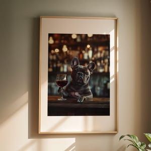 犬好きの方へのフレンチブルドッグのギフト バーにいるフレンチブルドッグ 面白い犬のポスター フレンチブルドッグが飲むフレンチブルドッグママ 赤ワインアート