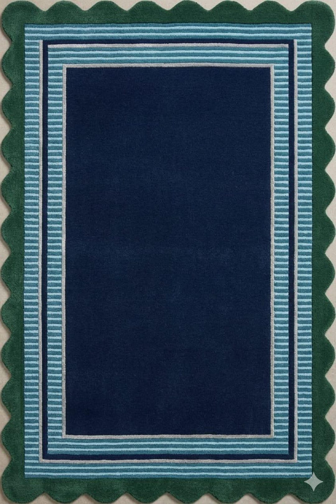 Preppy Blue Rug Navy Blue Scalloped Border Area Rug, Striped Coastal Carpet, Preppy ...