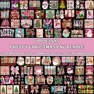 Puede incluir: Una colección digital de 200 diseños de sublimación PNG navideños preppy con ilustraciones coloridas de Santa Claus, muñecos de nieve, árboles de Navidad, lazos y textos festivos como Merry Christmas sobre un fondo negro.