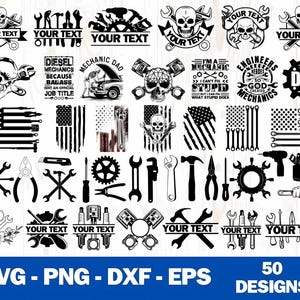 May include: A set of 50 black and white SVG, PNG, DXF, and EPS digital design files featuring various mechanic and engineer themed illustrations. The designs include tools, skulls, American flags, and text such as "Mechanic Dad", "I'm a Mechanic", and "Engineers are Heroes".