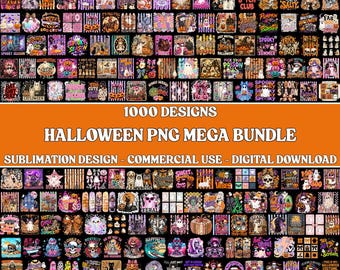May include: A digital collection of 1000 Halloween PNG designs featuring ghosts, pumpkins, skulls, and seasonal text. The bundle includes various colorful illustrations for sublimation, presented in a grid layout with orange text headers.