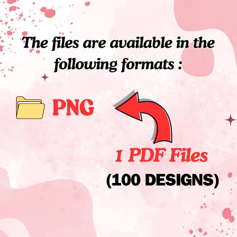 K&ouml;nnte beinhalten: Rosa-wei&szlig;e Grafik mit Text, der angibt, dass Dateien im PNG- und 1 PDF-Format mit 100 Designs verf&uuml;gbar sind. Ein gelbes Ordnersymbol und ein roter Pfeil sind ebenfalls vorhanden.