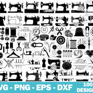 Könnte beinhalten: Eine Sammlung von 100 schwarzen und weißen SVG-Schnittdateien mit Designs zum Thema Nähen. Die Designs beinhalten Nähmaschinen, Garnrollen, Knöpfe, Nadeln und andere nähbezogene Gegenstände.
