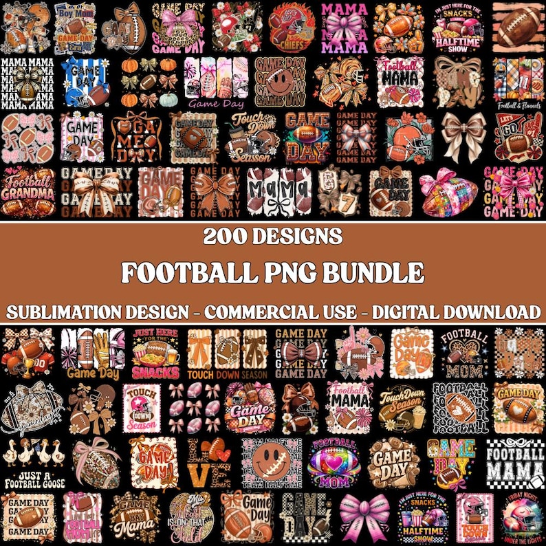 Puede incluir: Una colecci&oacute;n digital de 200 dise&ntilde;os PNG con tem&aacute;tica de f&uacute;tbol americano para sublimaci&oacute;n, que presenta varias ilustraciones de balones, lazos, cascos y textos como Game Day, Football Mama y Touchdown Season sobre un fondo negro.