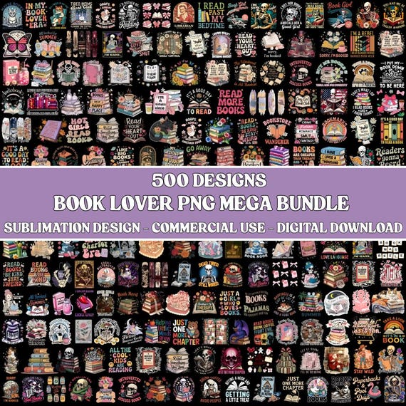 500+ Book Lover PNG Mega Bundle, Reading Quotes, Librarian Design, Floral Art, Digital Download