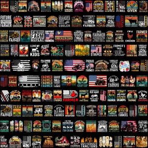 Puede incluir: Una colecci&oacute;n de camisetas con gr&aacute;ficos y textos relacionados con la granja. Los dise&ntilde;os incluyen tractores, pollos, banderas americanas y frases como "Farmer", "Chicken Dad" y "Eat Sleep Farm Repeat."