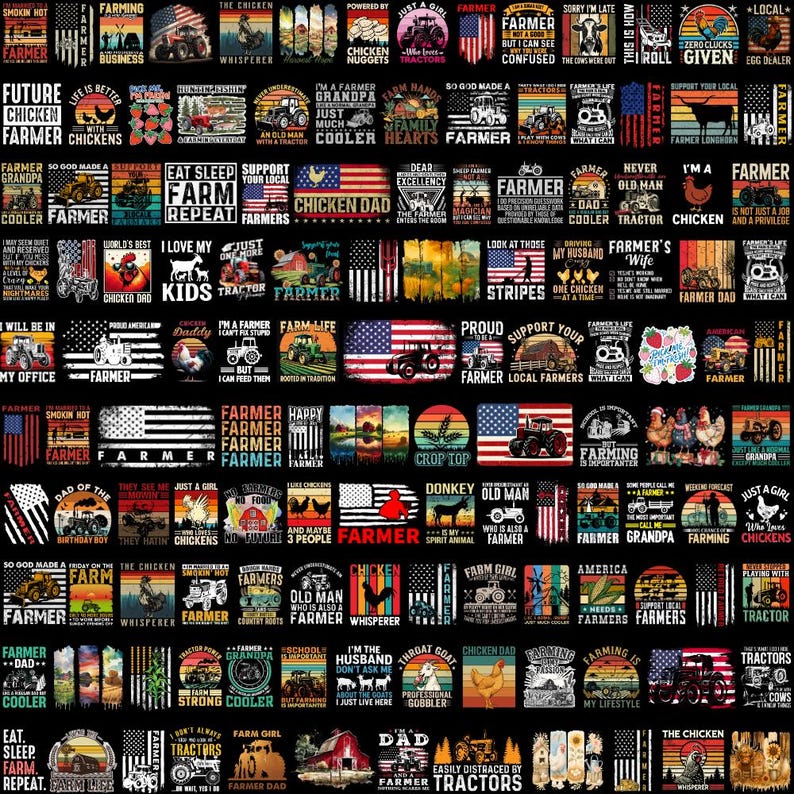 Puede incluir: Una colecci&oacute;n de camisetas con gr&aacute;ficos y textos relacionados con la granja. Los dise&ntilde;os incluyen tractores, pollos, banderas americanas y frases como "Farmer", "Chicken Dad" y "Eat Sleep Farm Repeat."