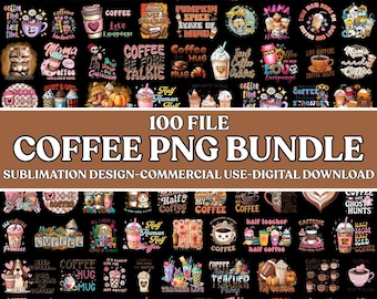 Può includere: Un pacchetto di grafica digitale scaricabile con 100 design PNG a tema caffè. I design includono varie tazze di caffè, frasi e illustrazioni, come "Coffee Time" e "Pumpkin Spice". Il testo "100 FILE COFFEE PNG BUNDLE" è ben visibile.