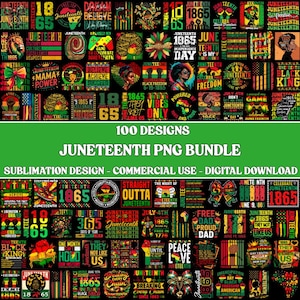 Peut inclure: Un lot de téléchargement numérique avec 100 motifs PNG de la fête de Juneteenth. Les motifs comprennent du texte et des graphiques en rouge, jaune et vert. Les mots "Juneteenth", "1865" et "Freedom" sont visibles.