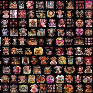 May include: A collection of colorful graphic designs featuring Highland cows with various accessories and text. The designs include sunglasses, bows, and text such as "Happy Heifer", "Summer Vibes", and "Stay Sassy". The background is black.