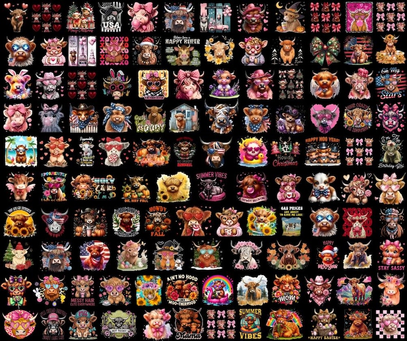 May include: A collection of colorful graphic designs featuring Highland cows with various accessories and text. The designs include sunglasses, bows, and text such as "Happy Heifer", "Summer Vibes", and "Stay Sassy". The background is black.