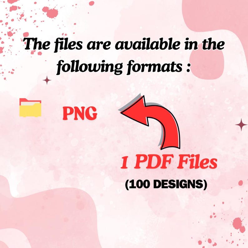 May include: Pink and white graphic with text indicating files are available in PNG and 1 PDF format, with 100 designs. A red arrow points from PNG to the PDF files. The background has pink watercolor-style splatters.