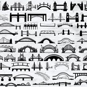 Puede incluir: Una colección de 50 ilustraciones de siluetas de puentes en blanco y negro. Los puentes son de varios estilos, incluyendo arco, armadura, suspensión y atirantado.