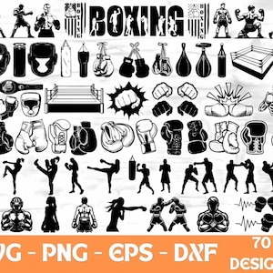 Puede incluir: Una colección de 70 diseños con temática de boxeo en formatos SVG, PNG, EPS y DXF. La imagen presenta varios elementos de boxeo, incluyendo guantes, sacos de boxeo, un ring y siluetas de boxeadores en acción. La palabra "BOXING" se muestra en la parte superior.