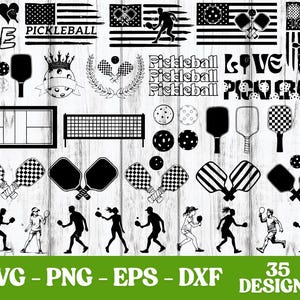 May include: A collection of 35 pickleball-themed designs in black and white. Includes paddles, balls, nets, and silhouettes of players. Text includes "LOVE", "PICKLEBALL", and file type abbreviations: SVG, PNG, EPS, and DXF.
