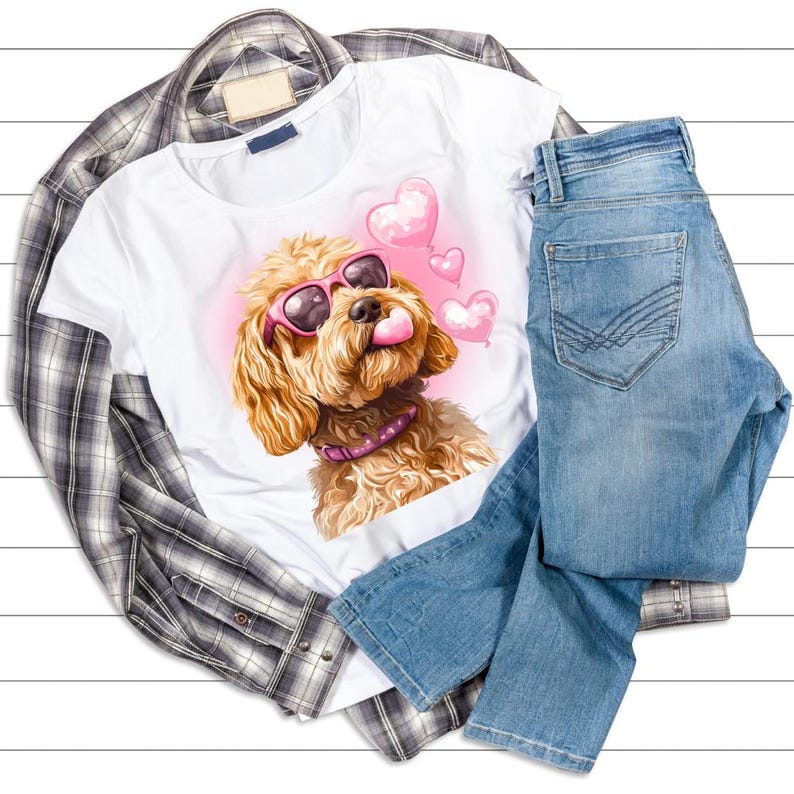 May include: A white t-shirt featuring a cartoon dog wearing pink sunglasses and sticking its tongue out, with pink heart-shaped balloons. The shirt is paired with blue jeans and a plaid button-down shirt.